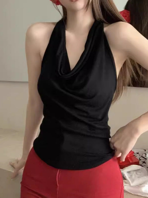 Ins Pure Desire Slim Fit Sexy Swing Neck Halter Sleeveless T-Shirt for Women