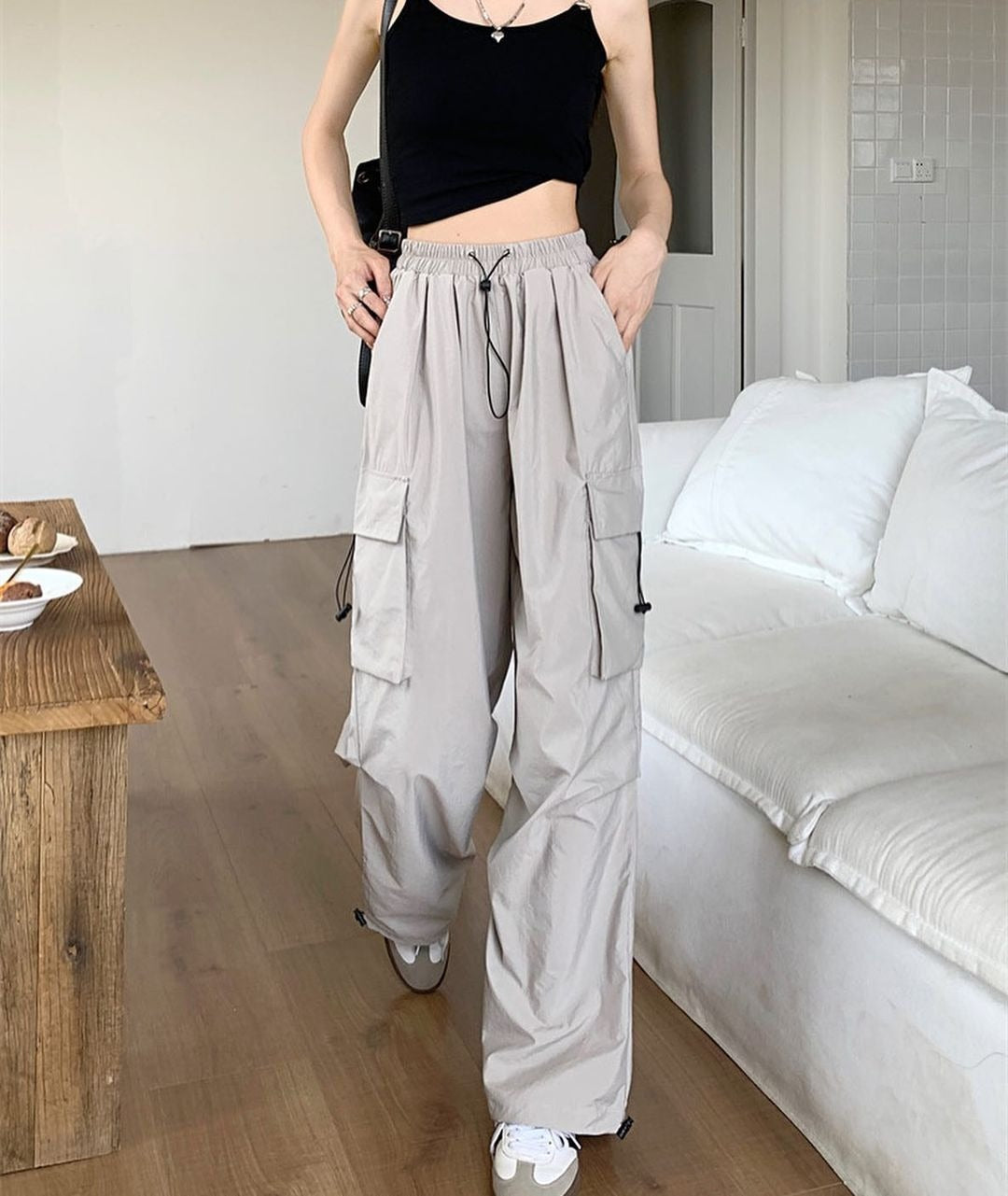 Mens High Waist Wide Leg Parachute Pants
