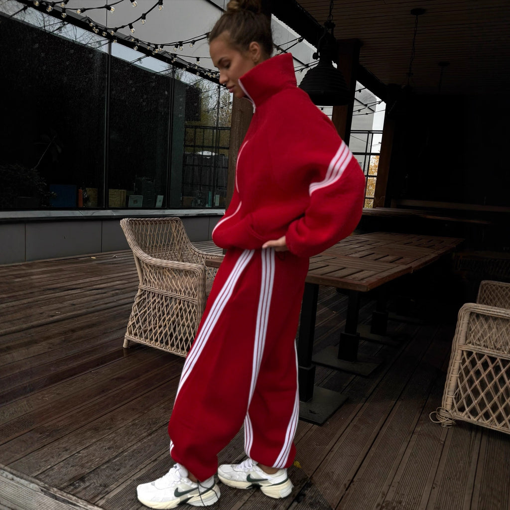 Stand-collar coat and elastic-waist trousers