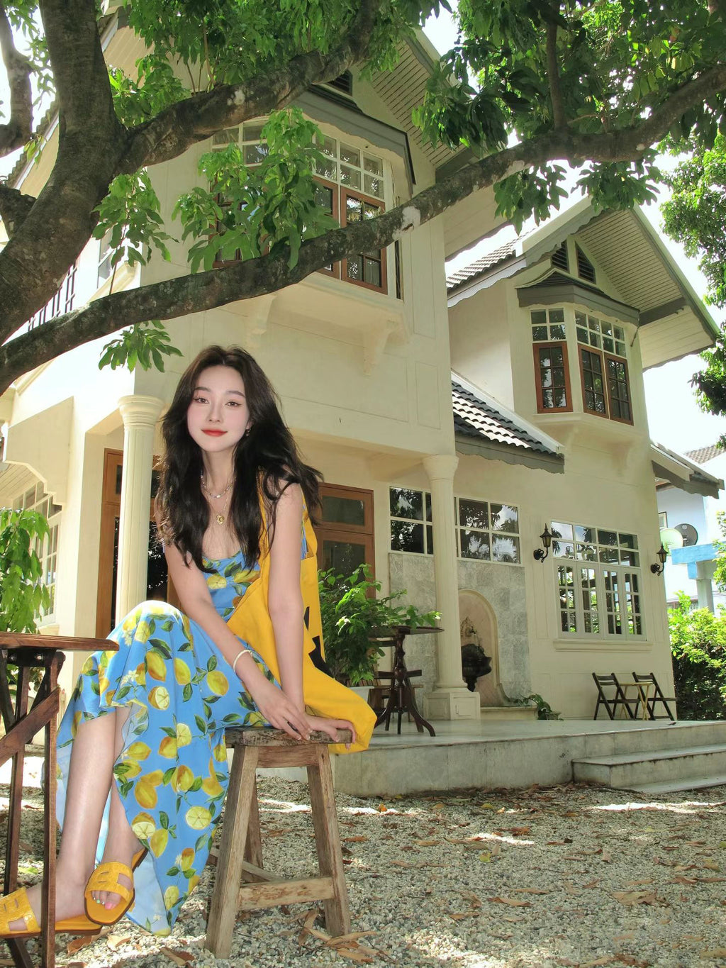 Lemon Print Sling Long Dress for Women