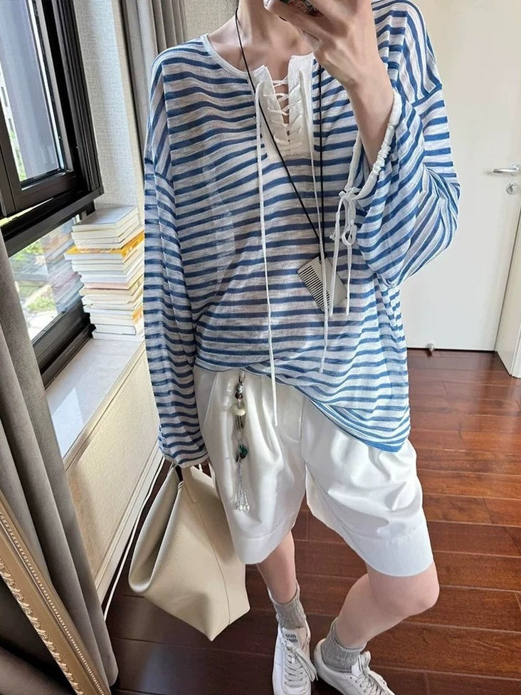 Womens Blue Striped V-Neck Knit Cardigan
