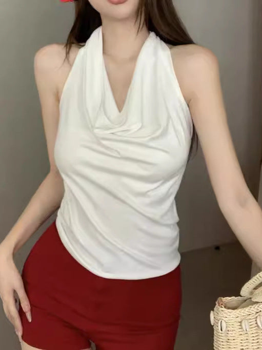 Ins Pure Desire Slim Fit Sexy Swing Neck Halter Sleeveless T-Shirt for Women