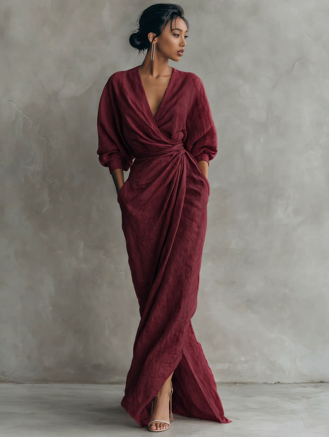 Elegant V-Neck Long Sleeve Waist-Cinching Dress