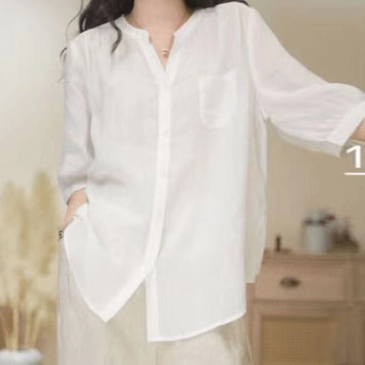 Womens Vintage Summer Cotton Linen V-Neck Loose Shirt