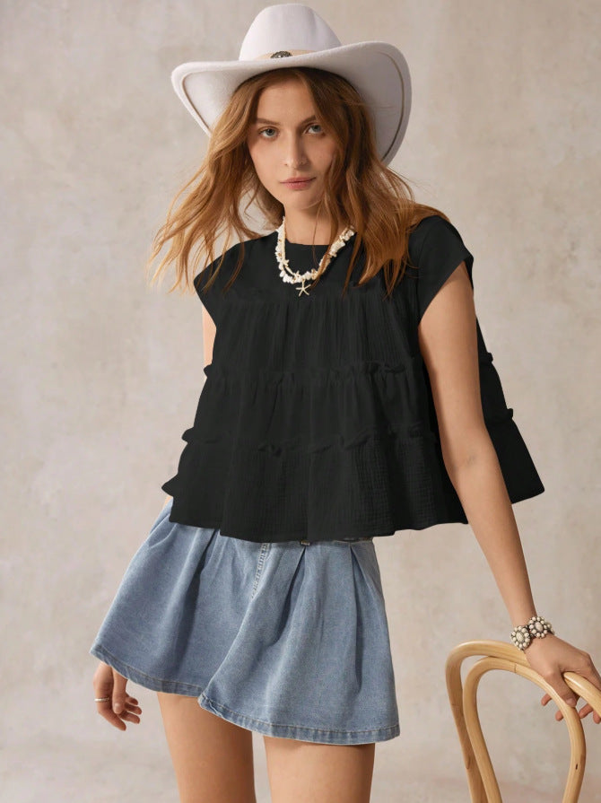 Loose Cotton Spliced Baby Doll Shirt