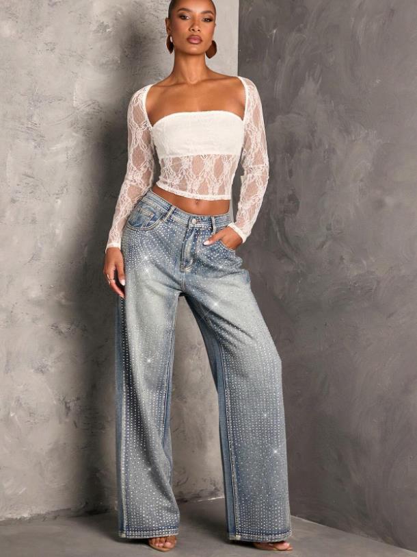 Rhinestone Denim Trousers High Waist Wide Leg