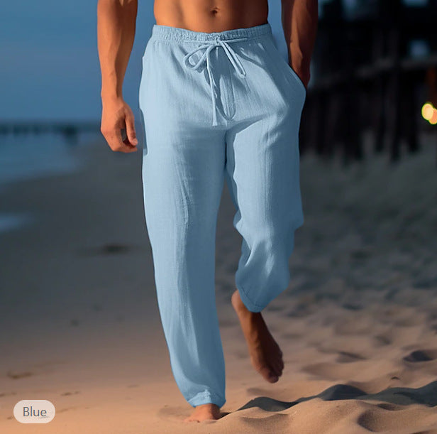 Mens Linen Drawstring Waist Casual Trousers