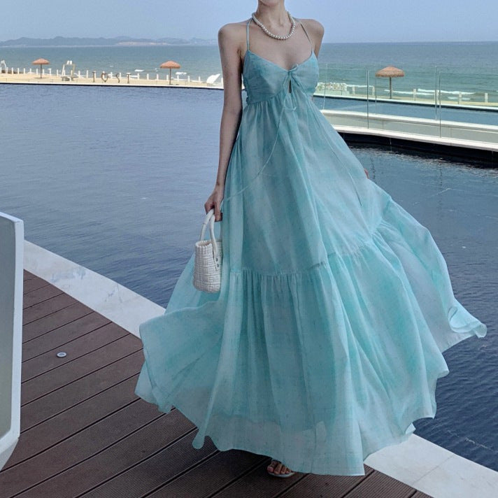 Mint Green Plaid Halter Neck Long Dress
