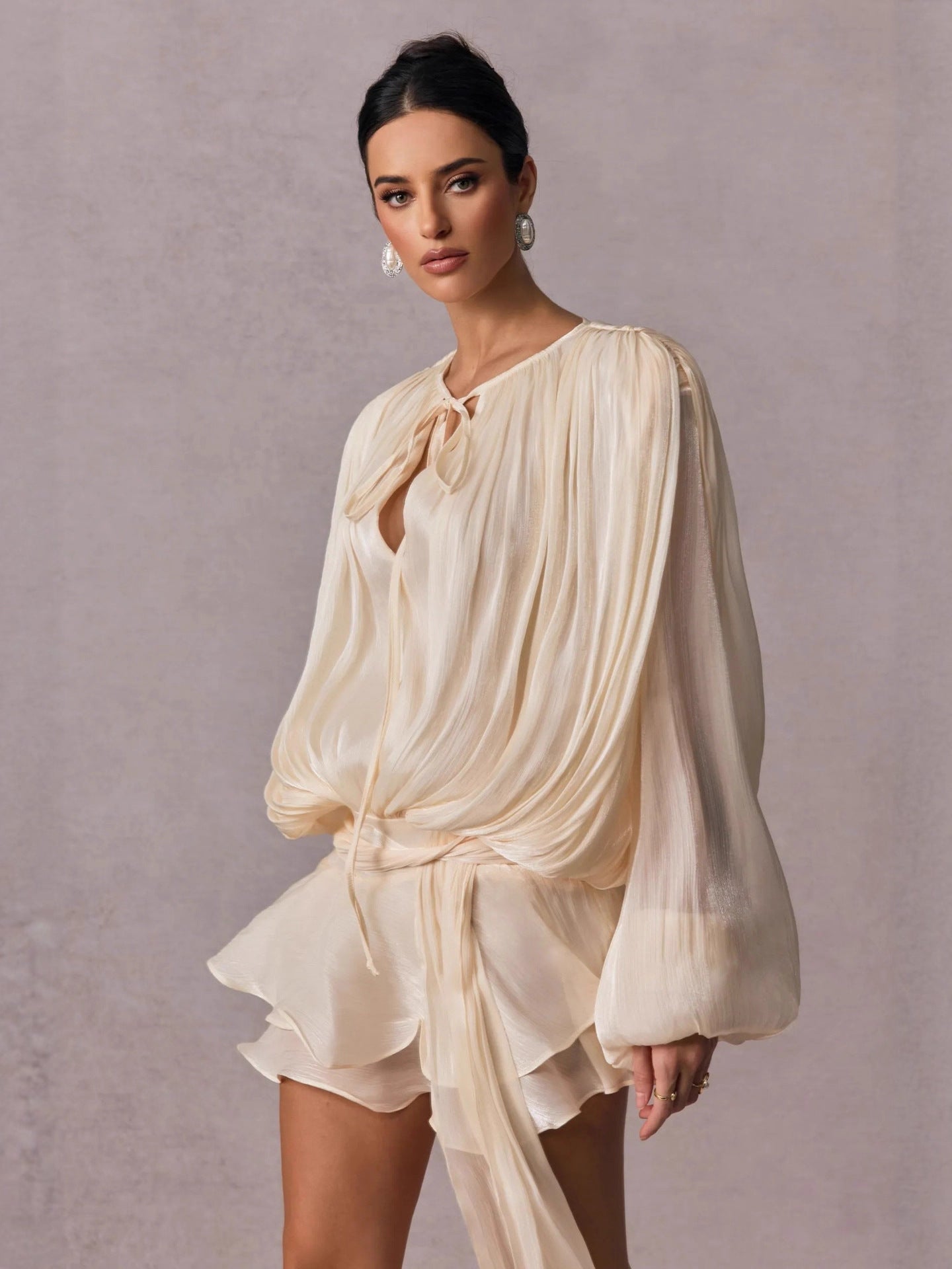 Womens Solid Color Shirt Dress with Tie Detail