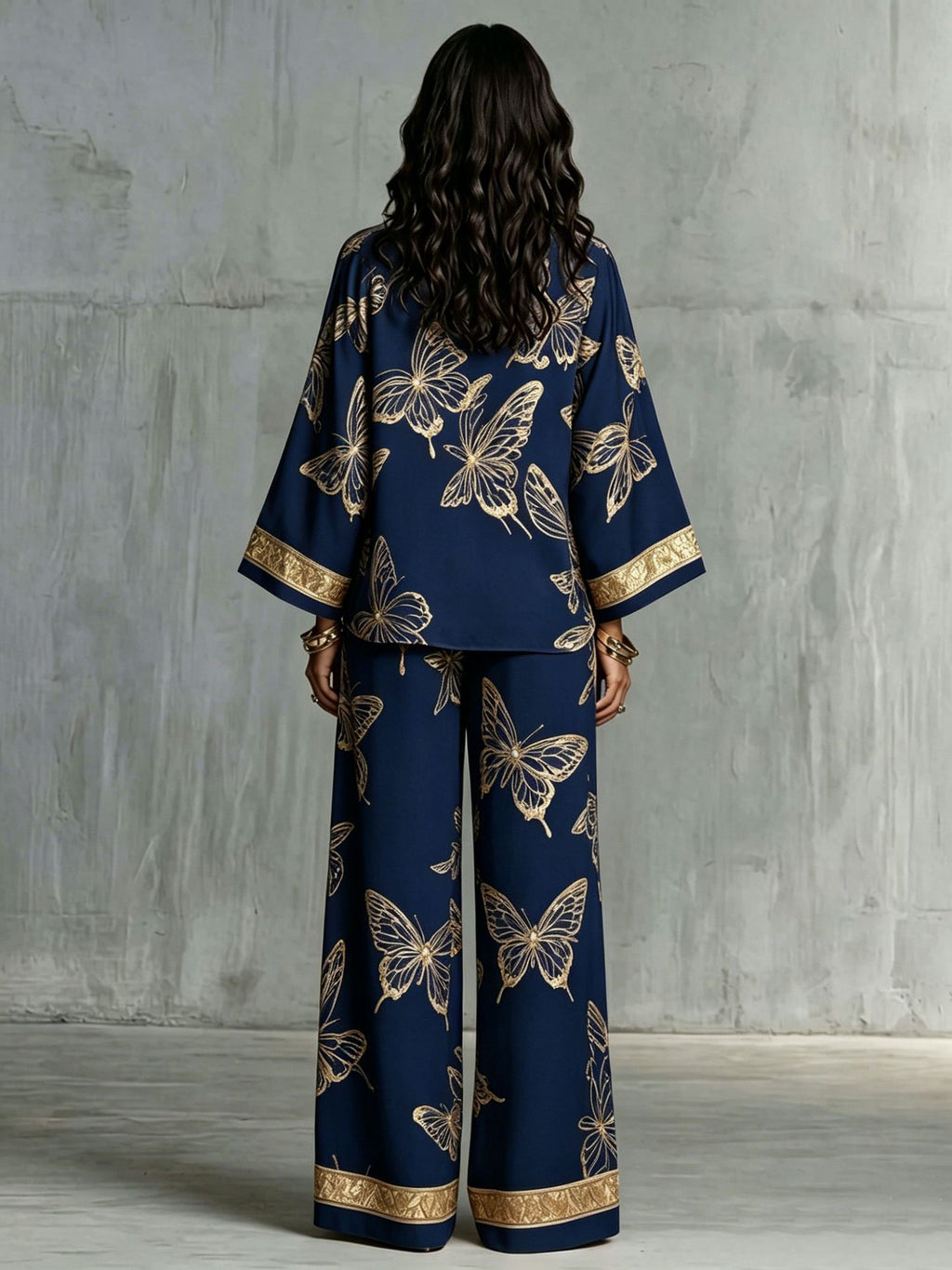 Womens Retro Print Deep V Neck Zipper Top Wide Leg Pants Two Piece Set