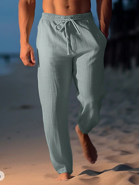 Mens Linen Drawstring Waist Casual Trousers