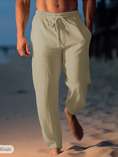 Mens Linen Drawstring Waist Casual Trousers