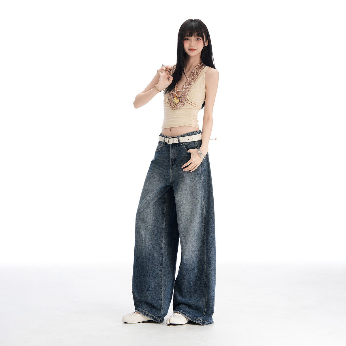 Womens High-Waisted Wide-Leg Denim Pants