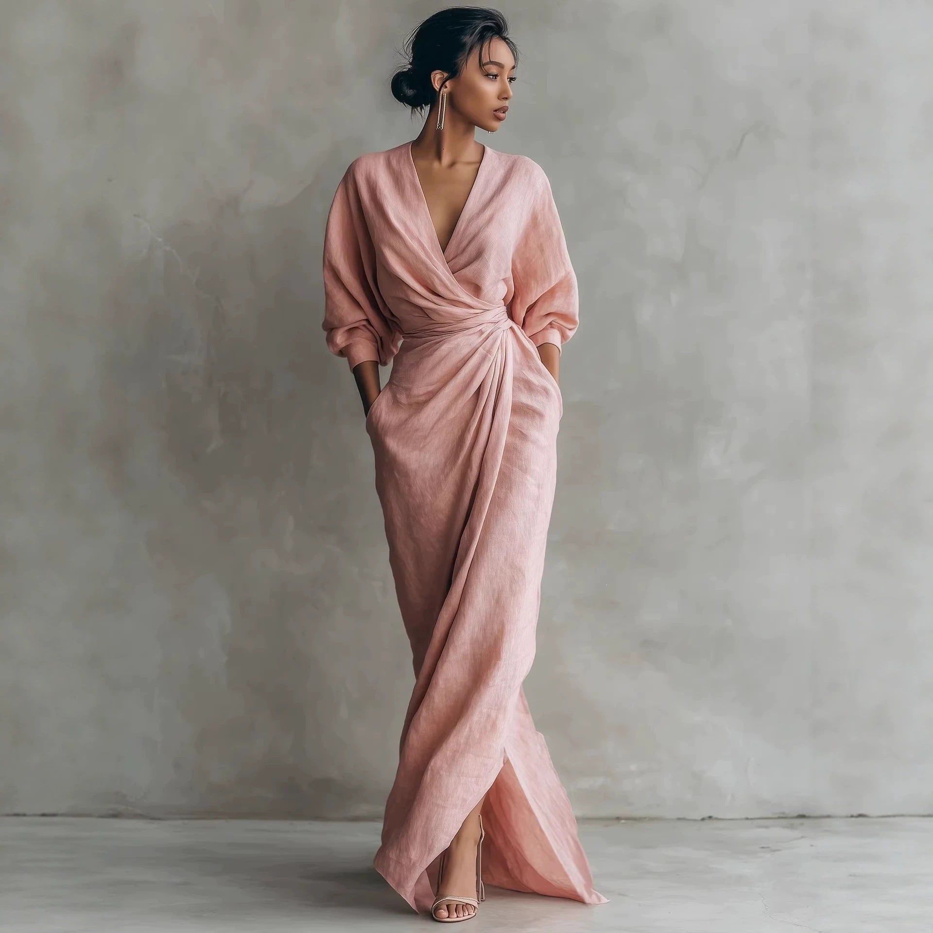 Elegant V-Neck Long Sleeve Waist-Cinching Dress