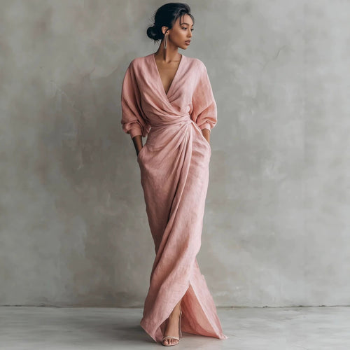Elegant V-Neck Long Sleeve Waist-Cinching Dress
