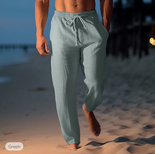 Mens Linen Drawstring Waist Casual Trousers