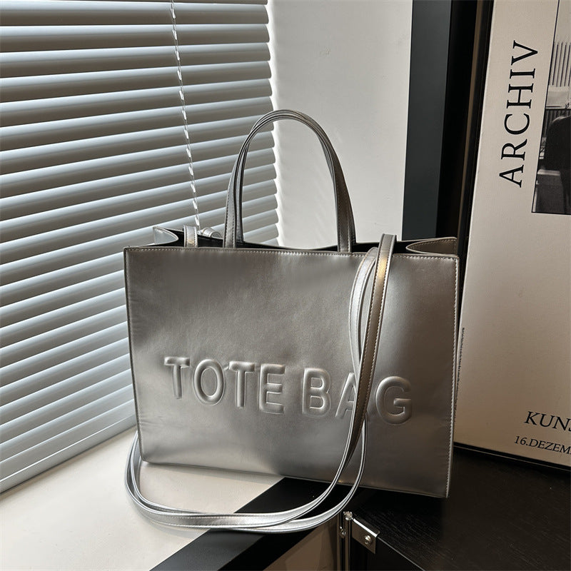 Embossed Letter Large Capacity Retro Shoulder Tote Bag