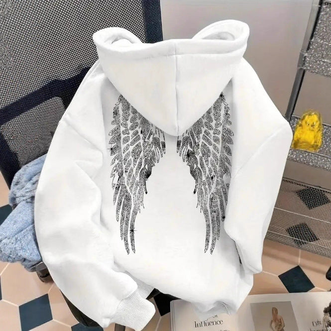 Simple wing print pullover hooded sweatshirt with loose fit