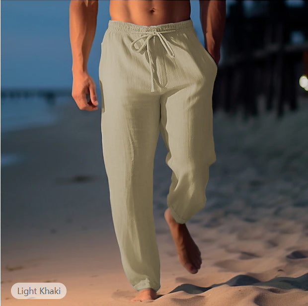 Mens Linen Drawstring Waist Casual Trousers