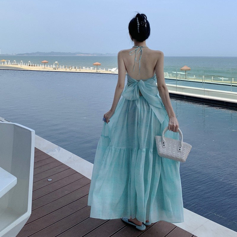 Mint Green Plaid Halter Neck Long Dress