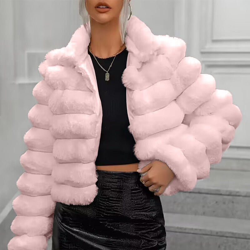 Women Faux Fur Jacket Short Double Collar Winter Coat