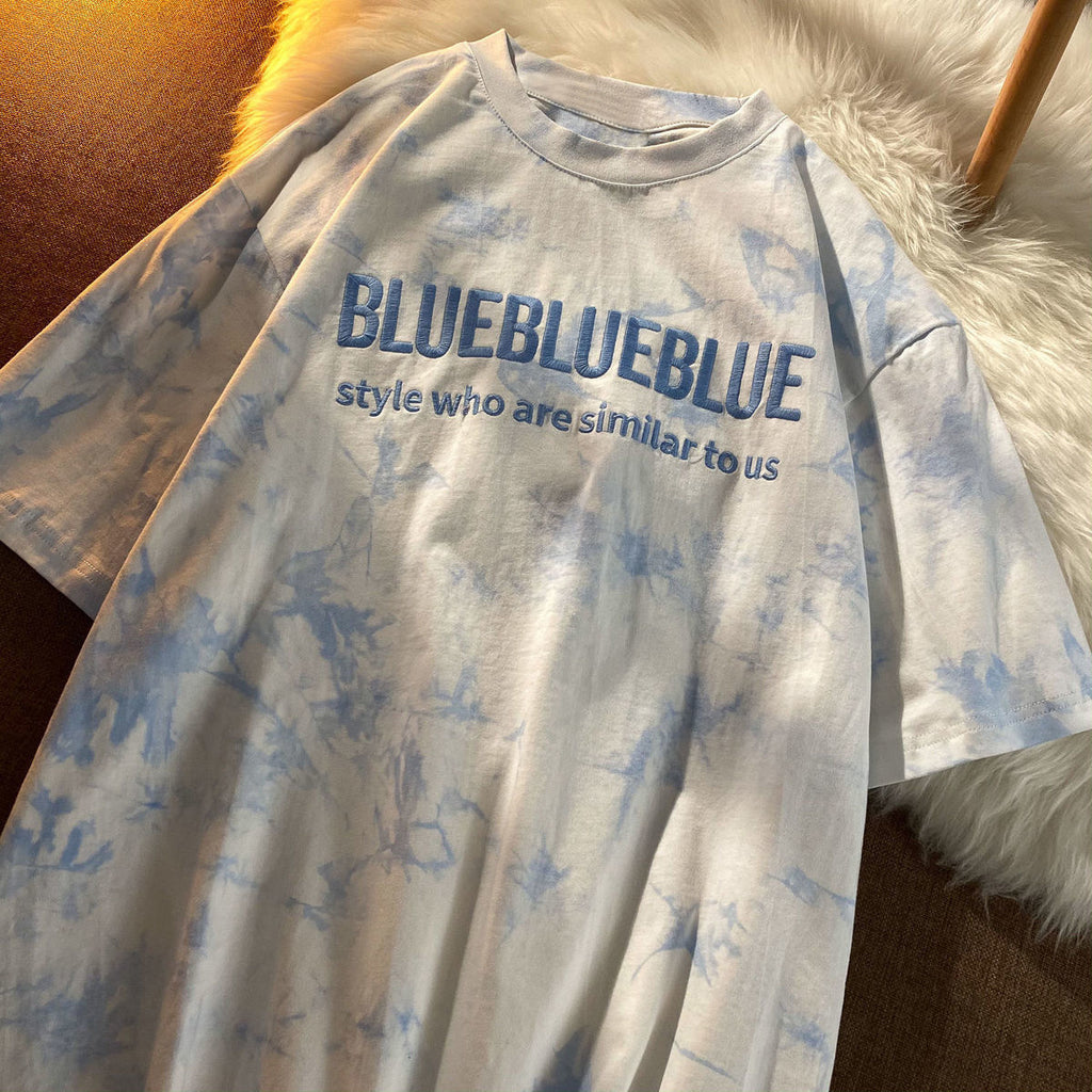 Embroidered Letter Tie-Dye Short Sleeve T-Shirt