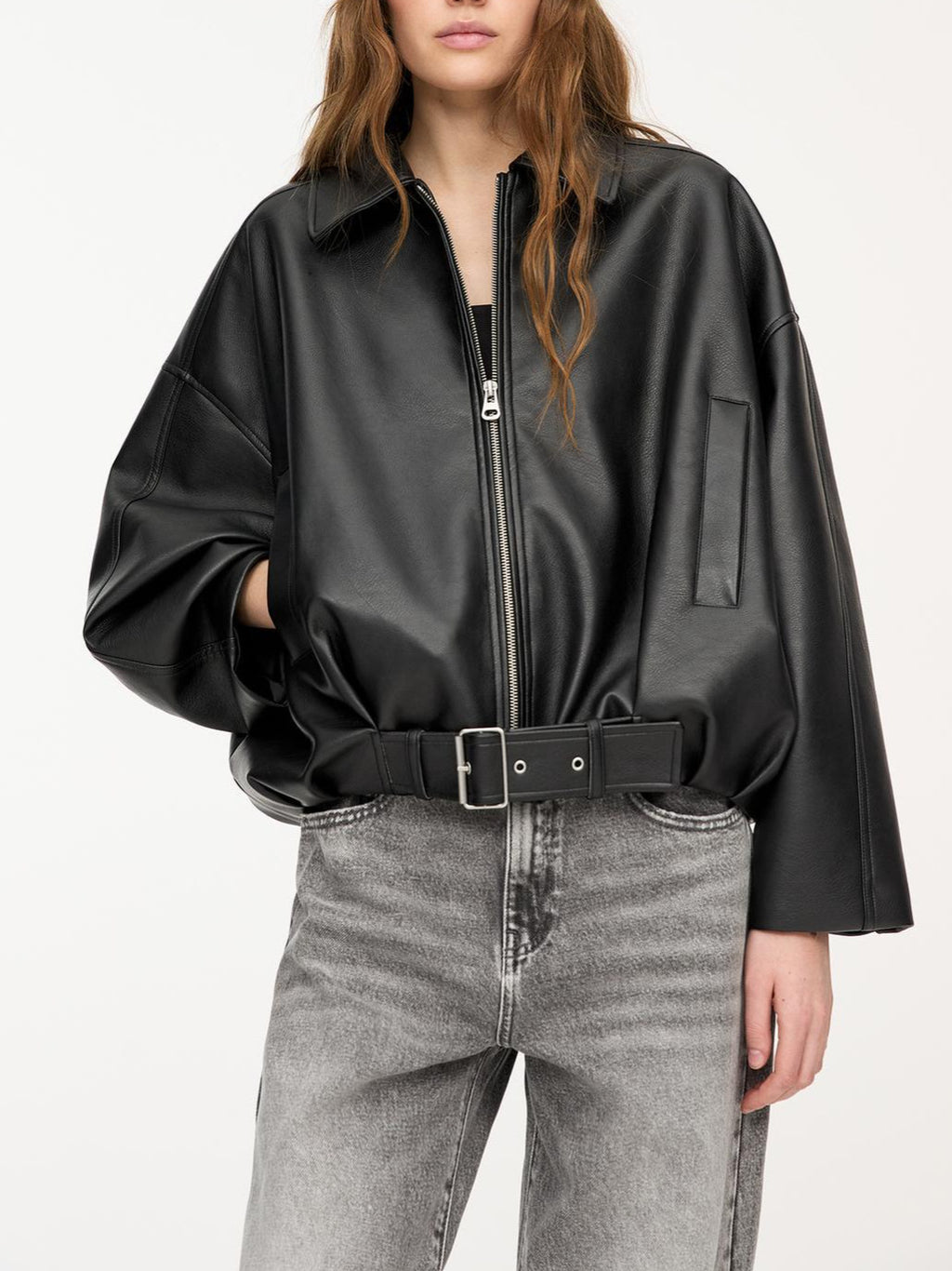 Womens Vintage Faux Leather Jacket with Belt