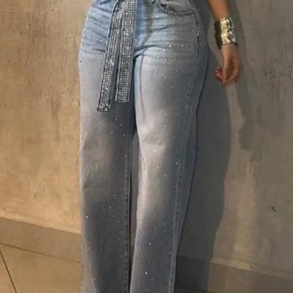 Rhinestone Denim Trousers High Waist Wide Leg