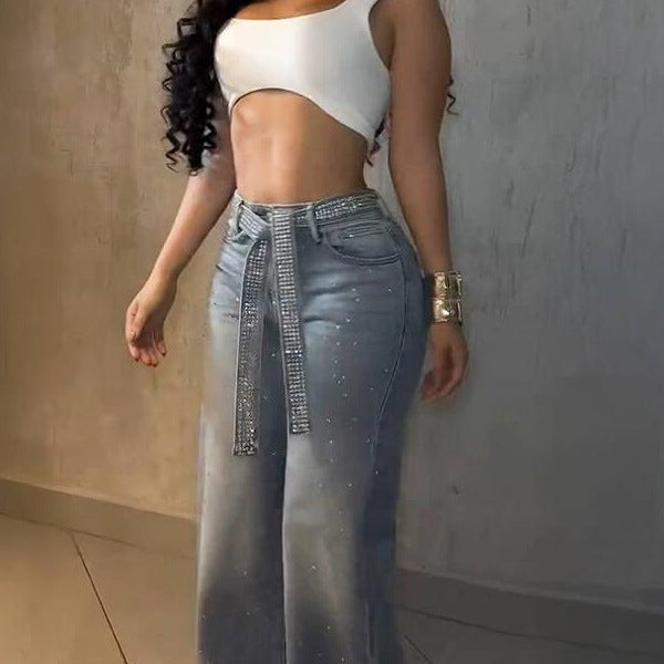 Rhinestone Denim Trousers High Waist Wide Leg