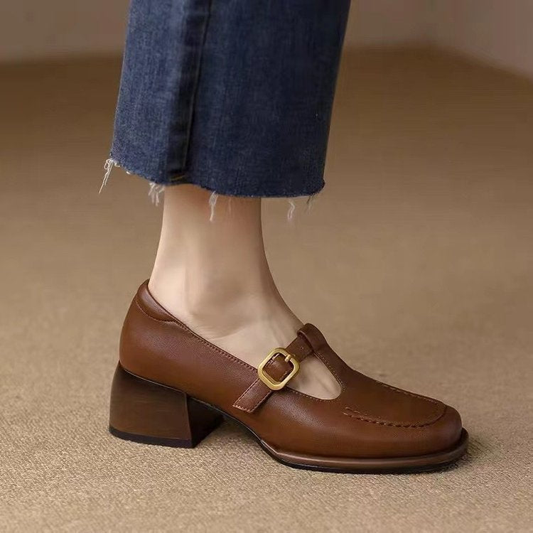 British Style Mary Jane Leather Shoes with Medium Heel