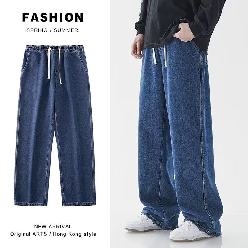 Elastic Waist Straight Leg Cotton Trousers for Men