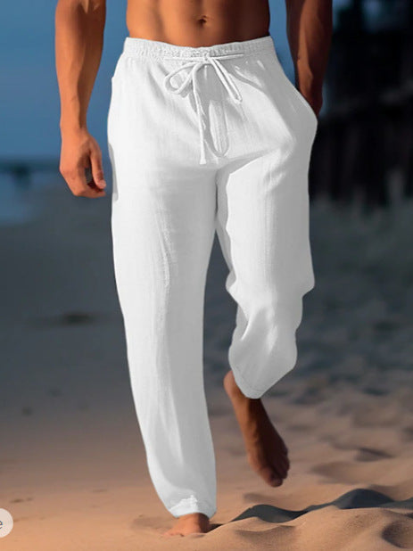 Mens Linen Drawstring Waist Casual Trousers
