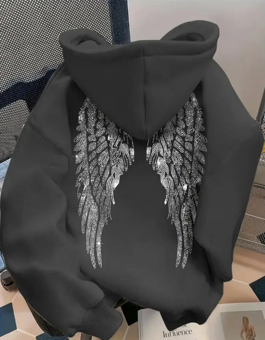 Simple wing print pullover hooded sweatshirt with loose fit