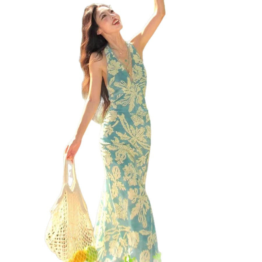 Womens Floral Print Backless Halter Dress