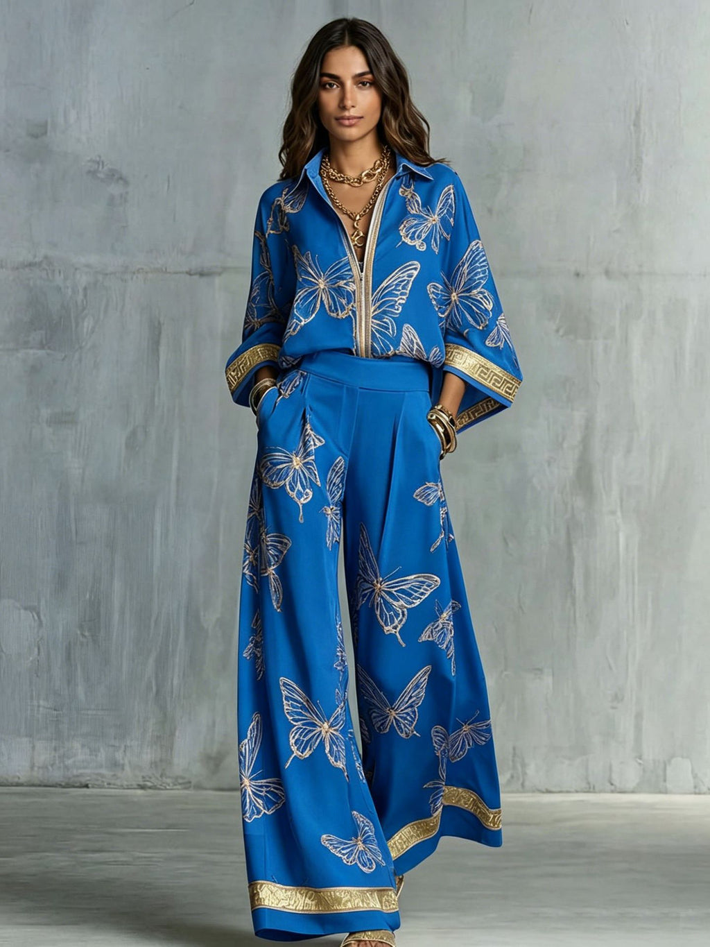 Womens Retro Print Deep V Neck Zipper Top Wide Leg Pants Two Piece Set
