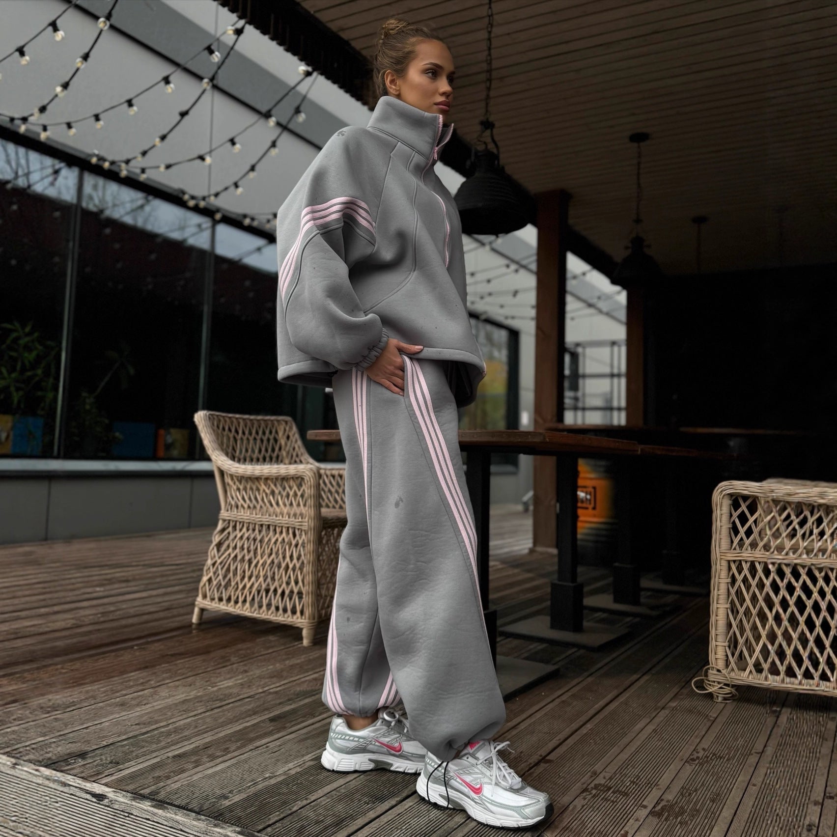 Stand-collar coat and elastic-waist trousers