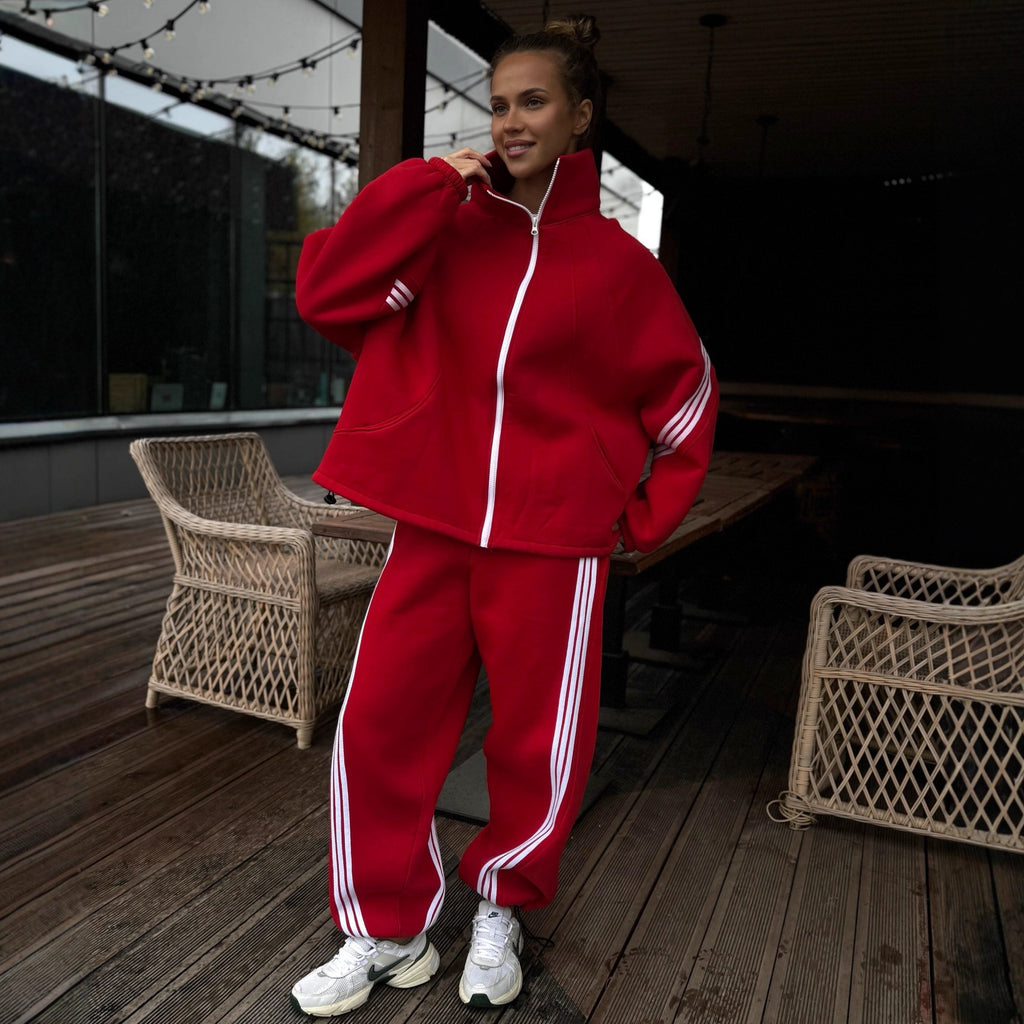 Stand-collar coat and elastic-waist trousers