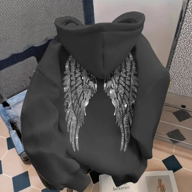 Simple wing print pullover hooded sweatshirt with loose fit