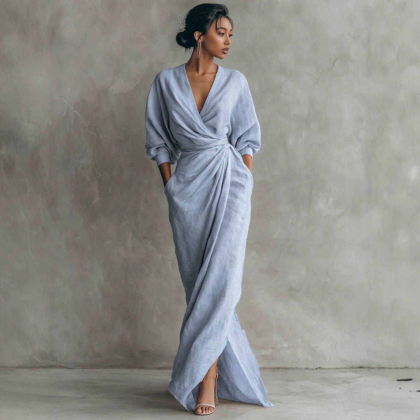 Elegant V-Neck Long Sleeve Waist-Cinching Dress