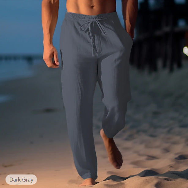 Mens Linen Drawstring Waist Casual Trousers