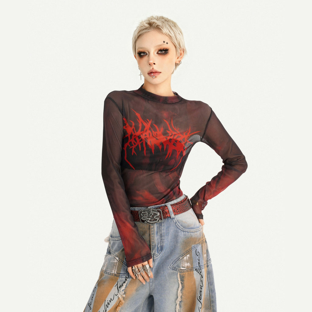 Gothic Red Printed Mesh Long Sleeve T-Shirt