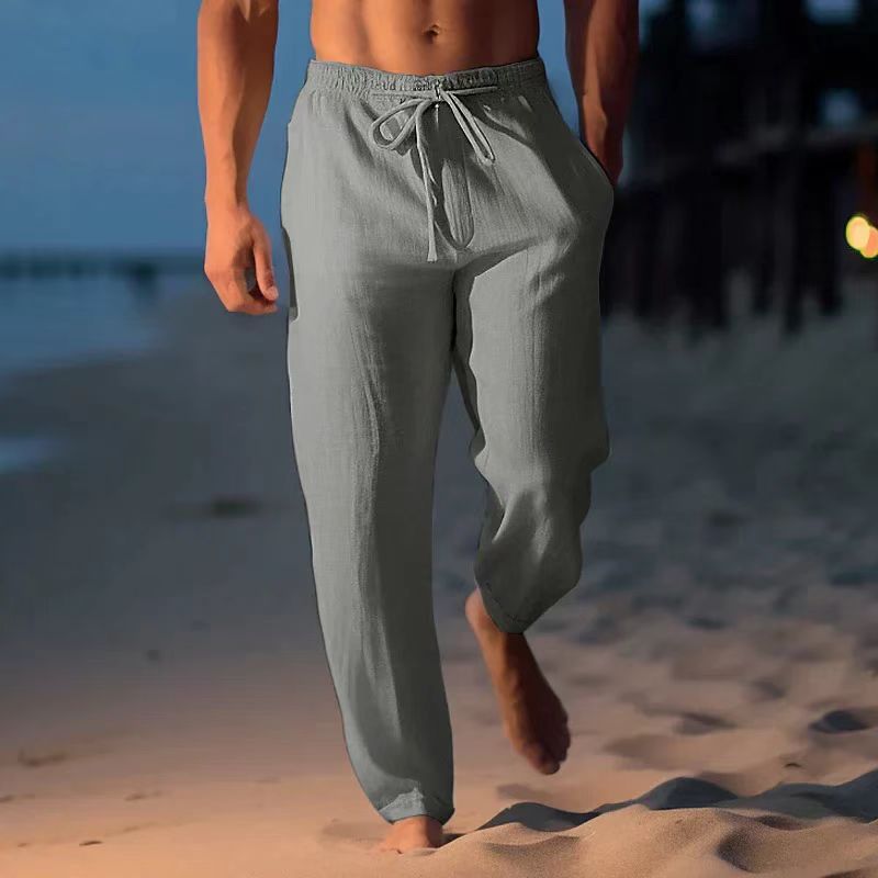 Mens Linen Drawstring Waist Casual Trousers
