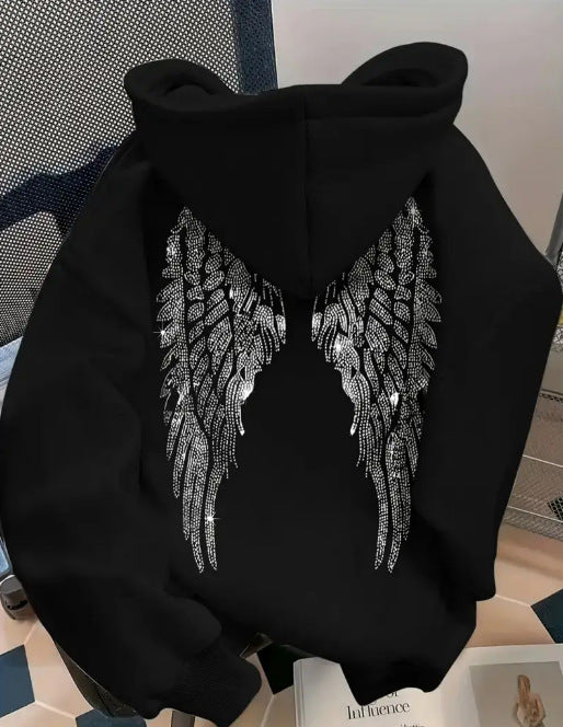 Simple wing print pullover hooded sweatshirt with loose fit