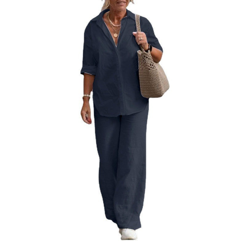 Women's Lapel Shirt and Wide-Leg Pants Set