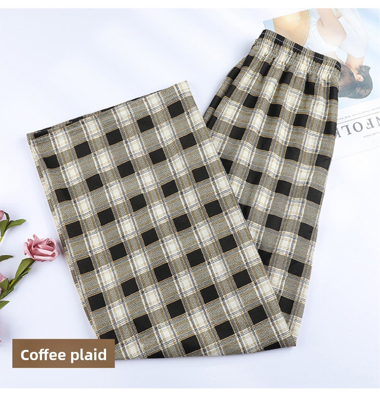 Plaid Wide-Leg Pants, High Waist Casual Summer Trousers