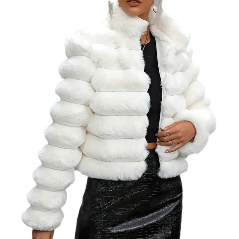 Women Faux Fur Jacket Short Double Collar Winter Coat