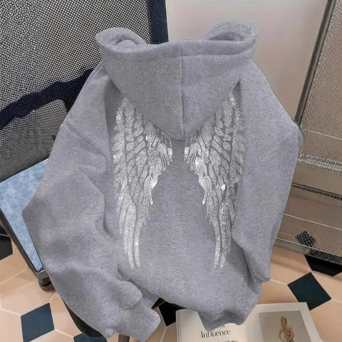 Simple wing print pullover hooded sweatshirt with loose fit