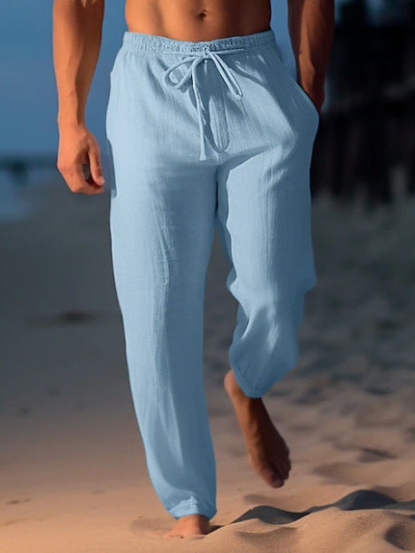 Mens Linen Drawstring Waist Casual Trousers