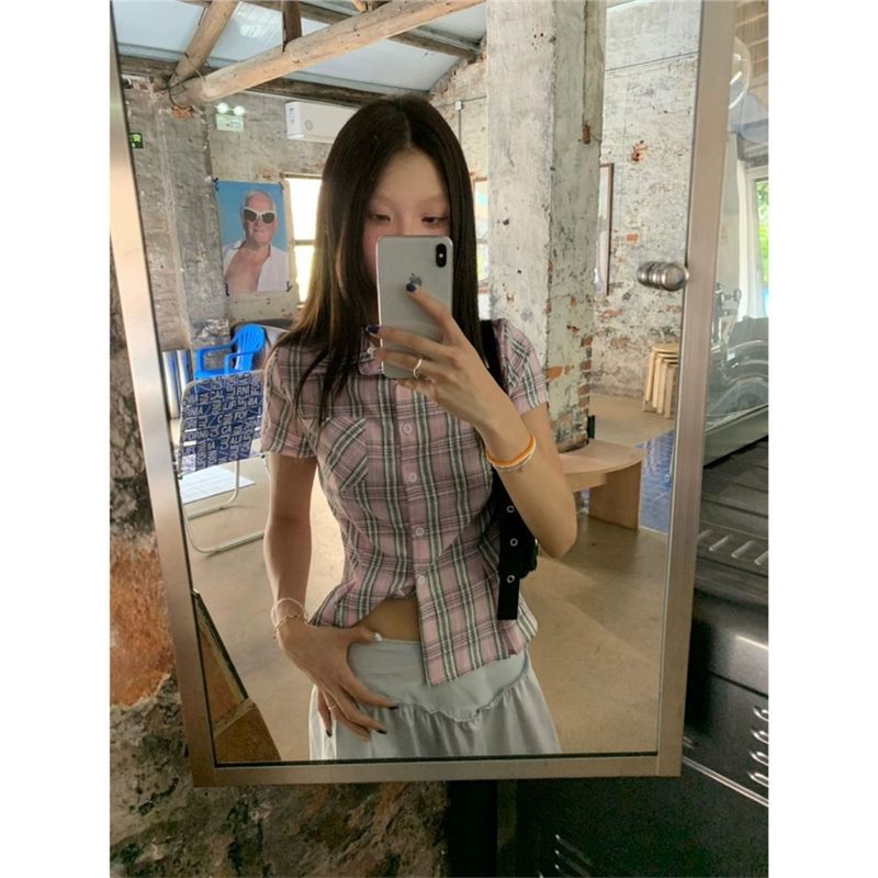 Retro Plaid Short Sleeve Shirt for Women Summer Polo Collar Slim Fit Y2K Top