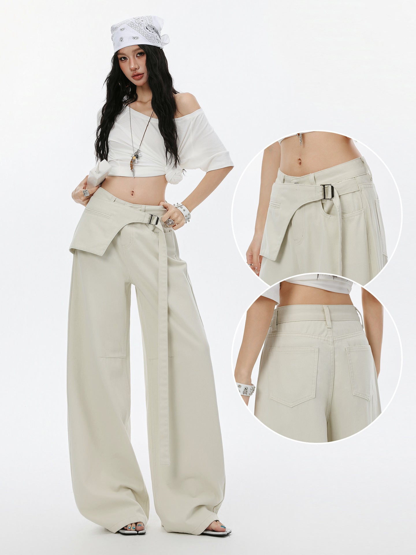 Womens High Waist Wide Leg Cotton Trousers